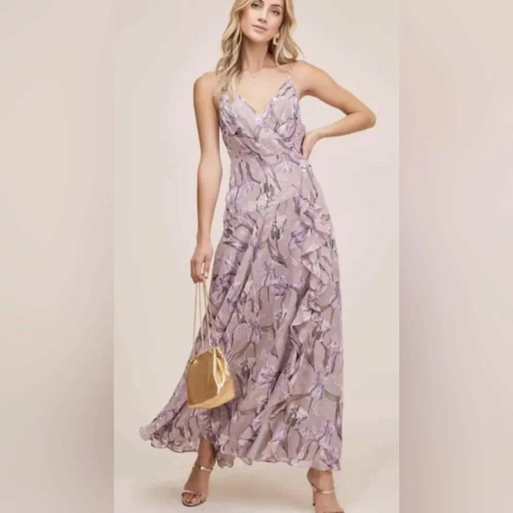 Astr The Label V-Neck Printed Holland Ruffled Cascade Maxi Dress Lilac - Picture 1 of 7